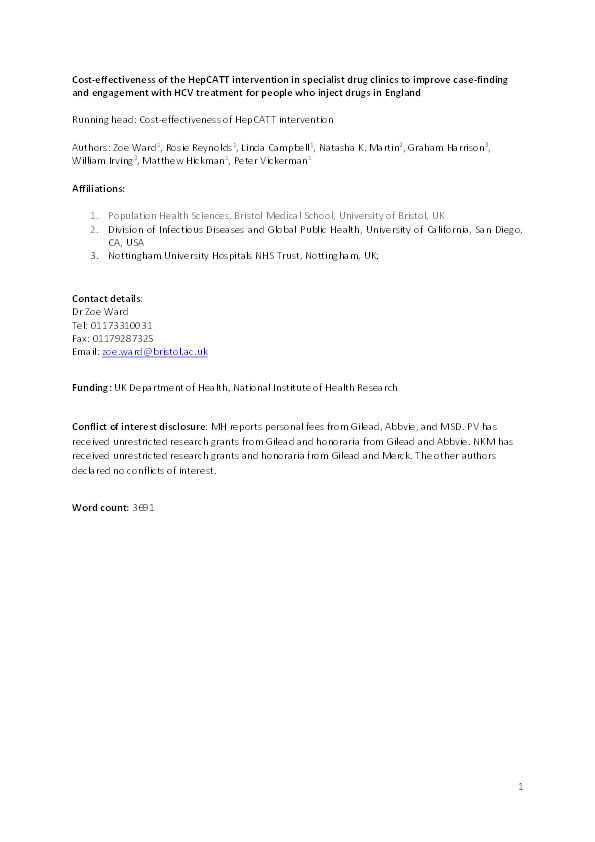 Cost‐effectiveness of the HepCATT intervention in specialist drug clinics to improve case‐finding and engagement with HCV treatment for people who inject drugs in England Thumbnail