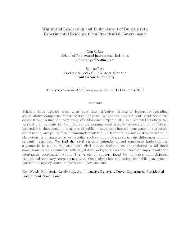 Ministerial Leadership and Endorsement of Bureaucrats: Experimental Evidence from Presidential Governments Thumbnail