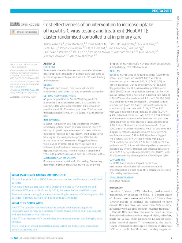Cost effectiveness of an intervention to increase uptake of hepatitis C virus testing and treatment (HepCATT): cluster randomised controlled trial in primary care Thumbnail
