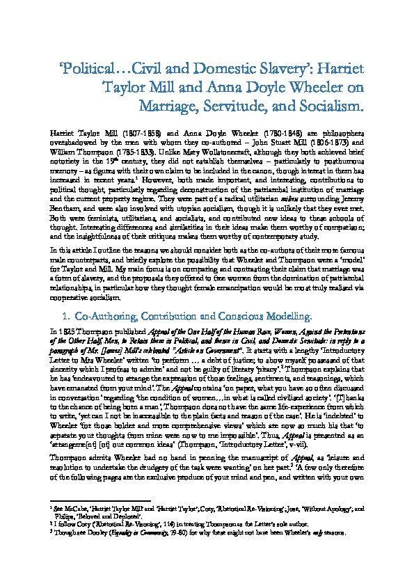 “Political … civil and domestic slavery”: Harriet Taylor Mill and Anna Doyle Wheeler on marriage, servitude, and socialism Thumbnail
