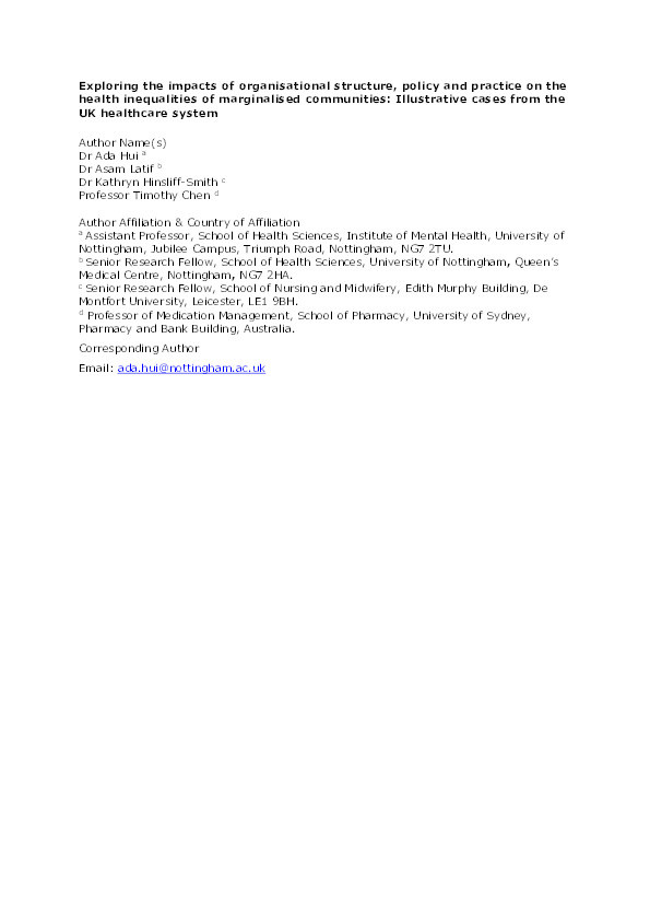 Exploring the impacts of organisational structure, policy and practice on the health inequalities of marginalised communities: Illustrative cases from the UK healthcare system Thumbnail