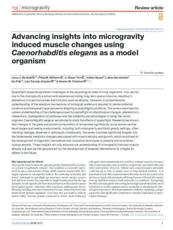 Advancing insights into microgravity induced muscle changes using Caenorhabditis elegans as a model organism Thumbnail