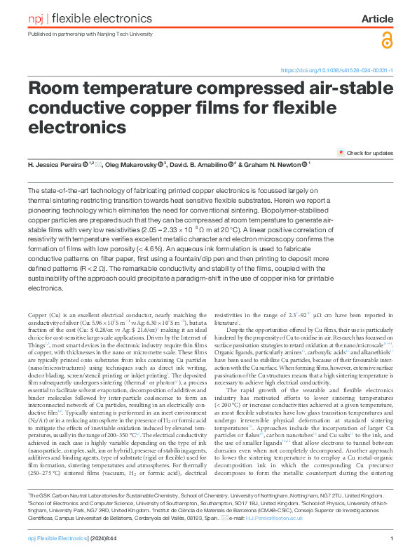 Room temperature compressed air-stable conductive copper films for flexible electronics Thumbnail