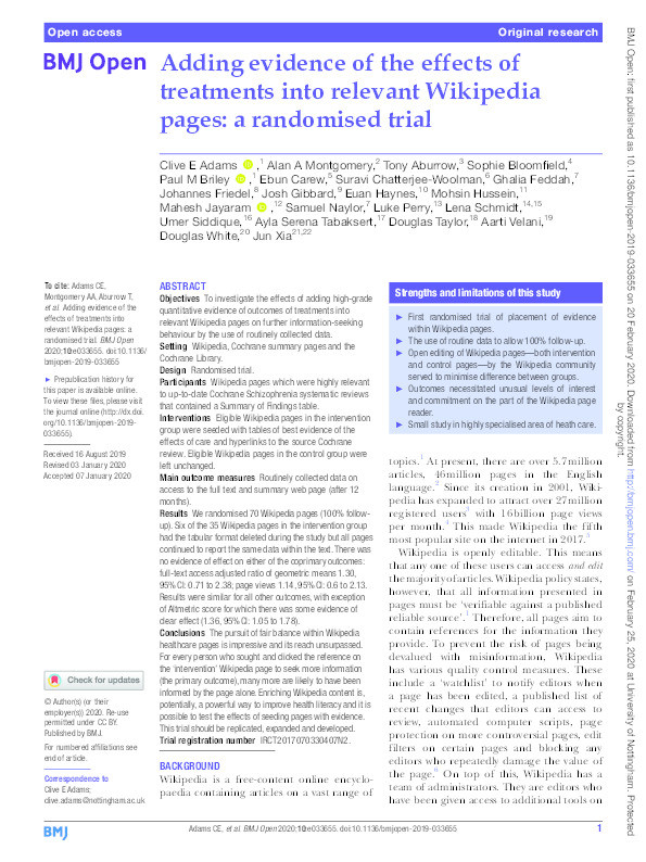 Adding evidence of the effects of treatments into relevant Wikipedia pages: a randomised trial Thumbnail