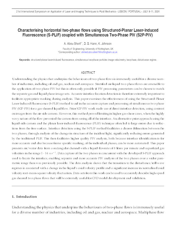 Characterising Horizontal Two-Phase Flows Using Structured-Planar Laser-Induced Fluorescence (S-PLIF) Coupled With Simultaneous Two-Phase PIV (S2P-PIV) Thumbnail