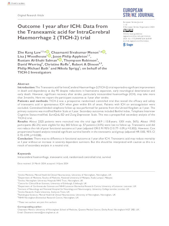 Outcome 1 year after ICH: Data from the Tranexamic acid for IntraCerebral Haemorrhage 2 (TICH-2) trial Thumbnail