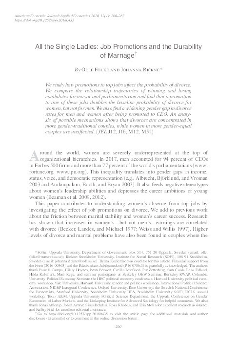 All the Single Ladies: Job Promotions and the Durability of Marriage Thumbnail