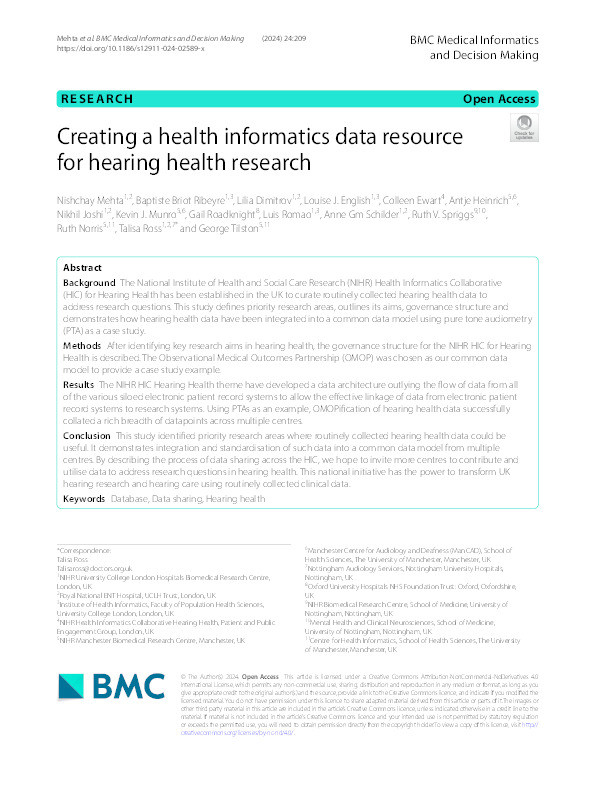 Creating a health informatics data resource for hearing health research Thumbnail