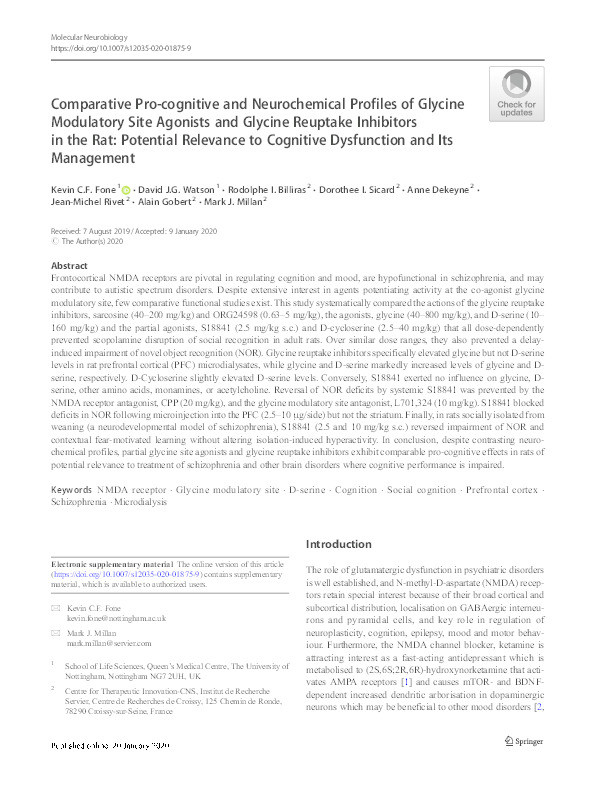 Comparative Pro-cognitive and Neurochemical Profiles of Glycine Modulatory Site Agonists and Glycine Reuptake Inhibitors in the Rat: Potential Relevance to Cognitive Dysfunction and Its Management Thumbnail