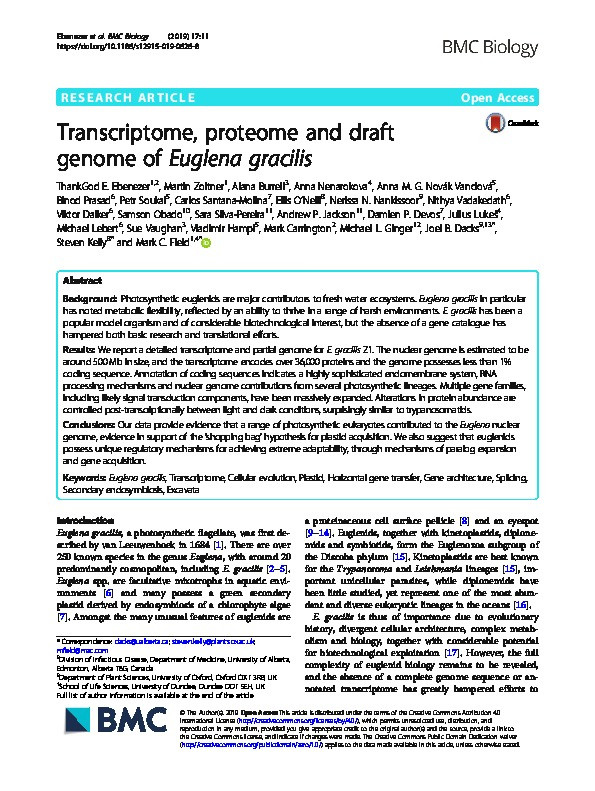Transcriptome, proteome and draft genome of Euglena gracilis Thumbnail