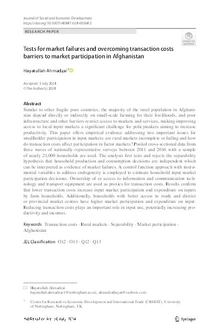 Tests for market failures and overcoming transaction costs barriers to market participation in Afghanistan Thumbnail
