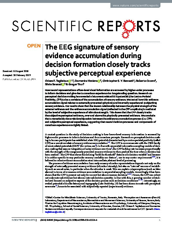 The EEG signature of sensory evidence accumulation during decision formation closely tracks subjective perceptual experience Thumbnail
