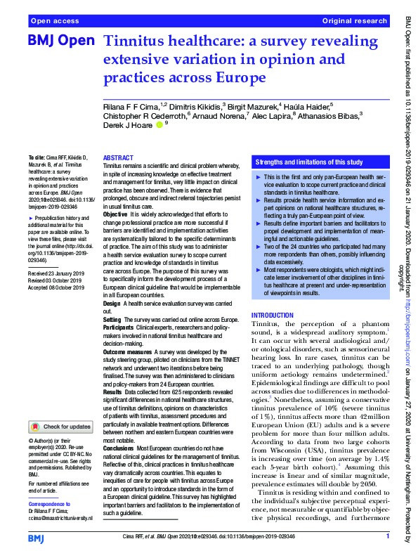 Tinnitus healthcare: a survey revealing extensive variation in opinion and practices across Europe Thumbnail