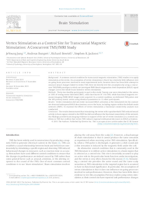 Vertex Stimulation as a Control Site for Transcranial Magnetic Stimulation: A Concurrent TMS/fMRI Study Thumbnail