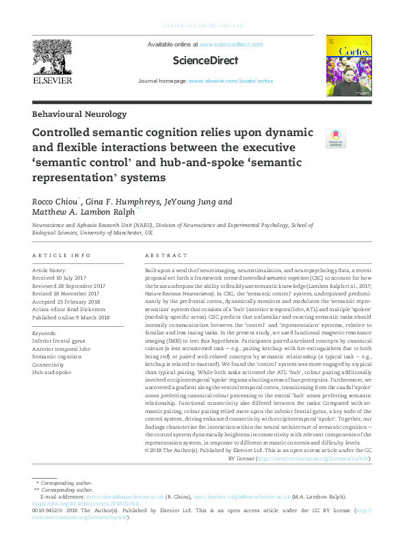 Controlled semantic cognition relies upon dynamic and flexible interactions between the executive ‘semantic control’ and hub-and-spoke ‘semantic representation’ systems Thumbnail