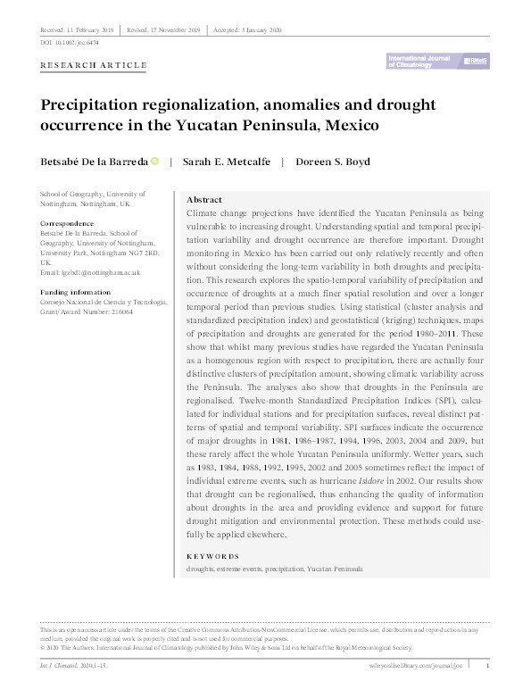 Precipitation regionalization, anomalies and drought occurrence in the Yucatan Peninsula, Mexico Thumbnail