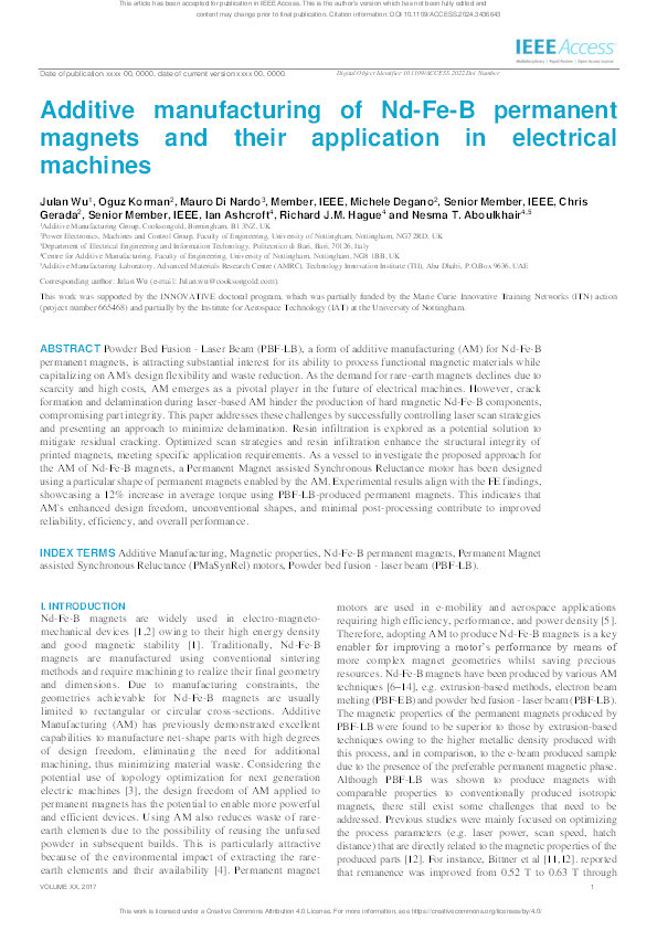 Additive manufacturing of Nd-Fe-B permanent magnets and their application in electrical machines Thumbnail