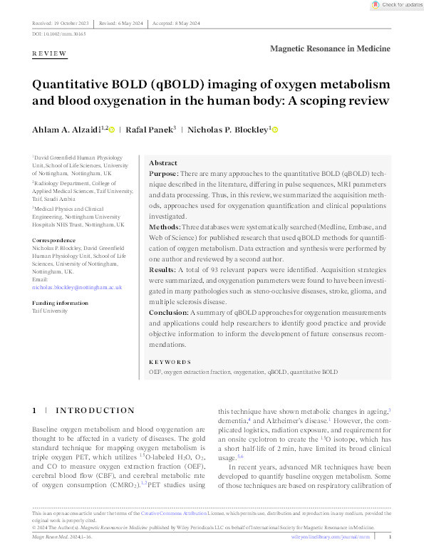 Quantitative BOLD (qBOLD) imaging of oxygen metabolism and blood oxygenation in the human body: A scoping review Thumbnail