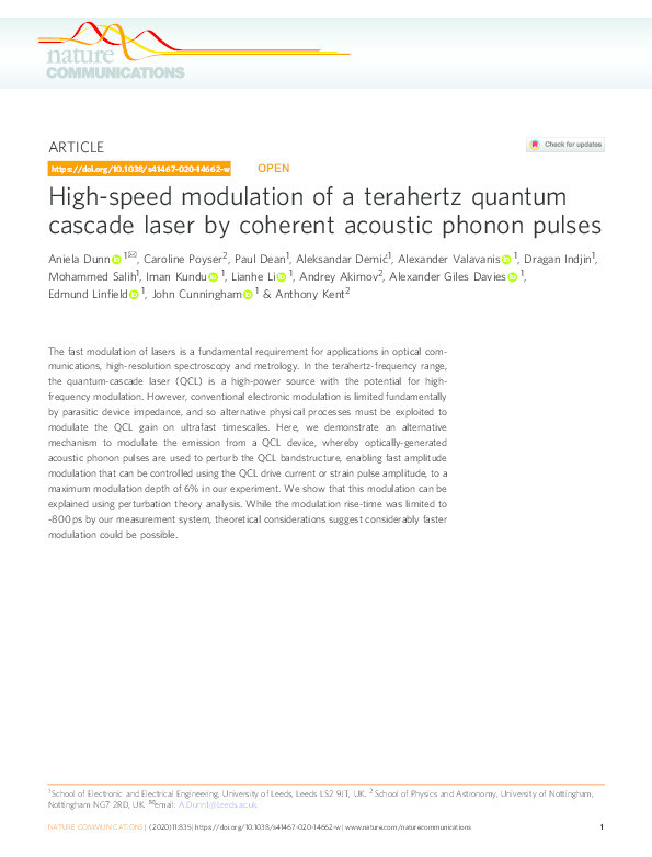 High-speed modulation of a terahertz quantum cascade laser by coherent acoustic phonon pulses Thumbnail