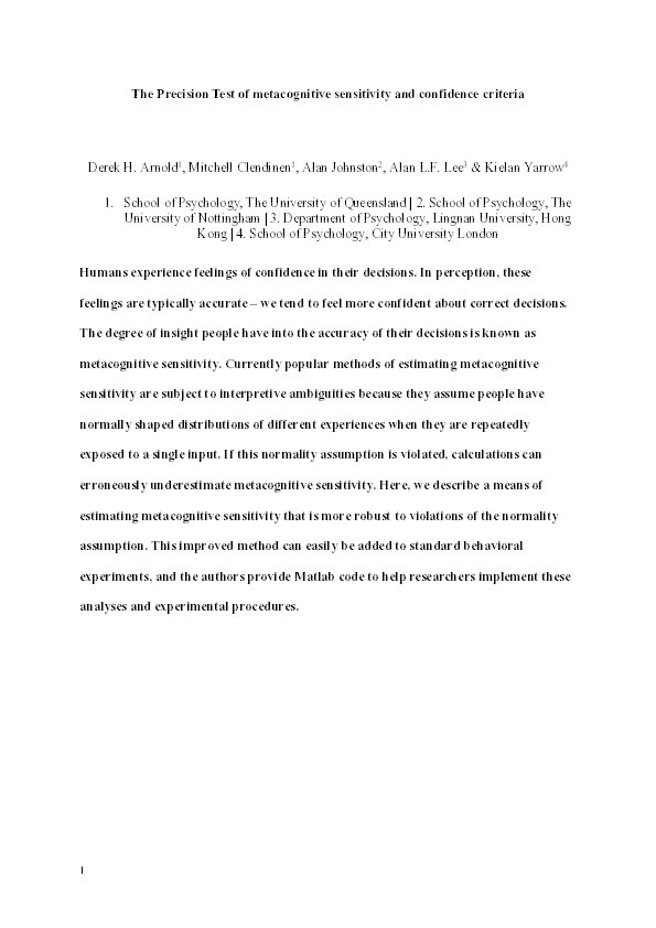 The precision test of metacognitive sensitivity and confidence criteria Thumbnail