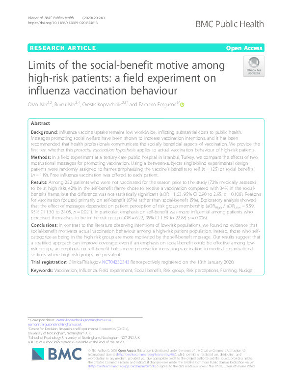 Limits of the social-benefit motive among high-risk patients: A field experiment on influenza vaccination behaviour Thumbnail