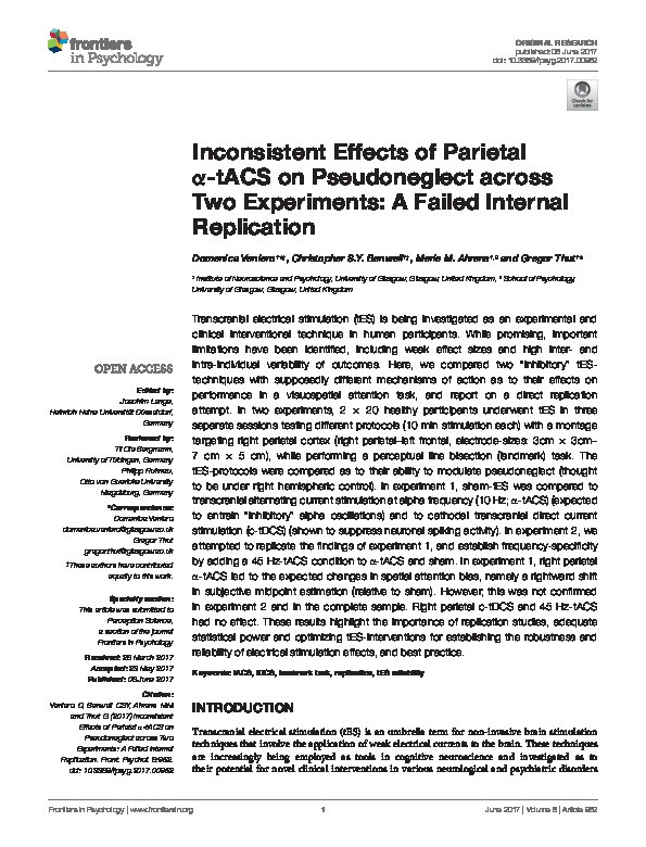 Inconsistent Effects of Parietal α-tACS on Pseudoneglect across Two Experiments: A Failed Internal Replication Thumbnail