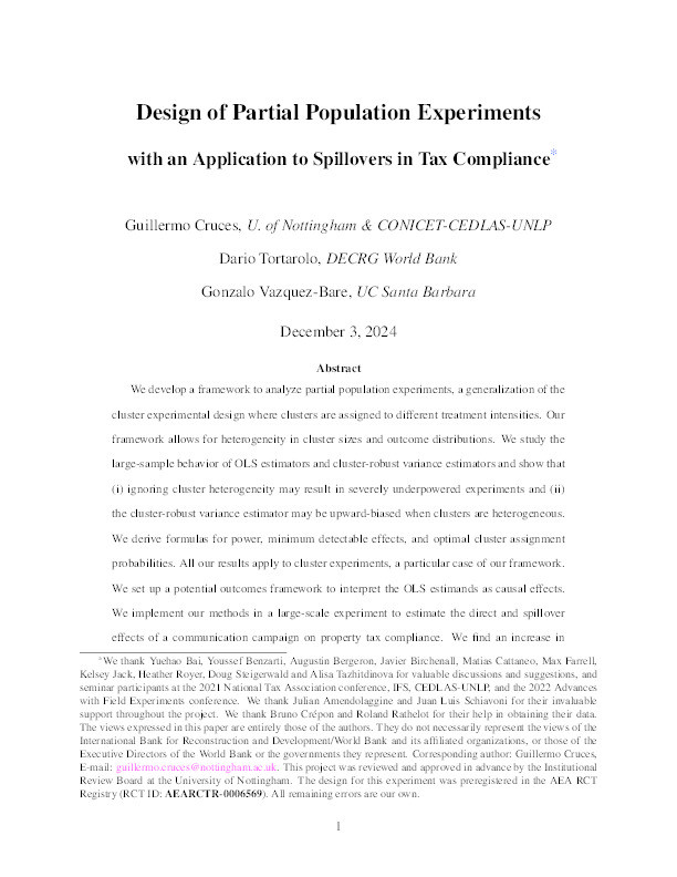 Design of Partial Population Experiments with an Application to Spillovers in Tax Compliance Thumbnail