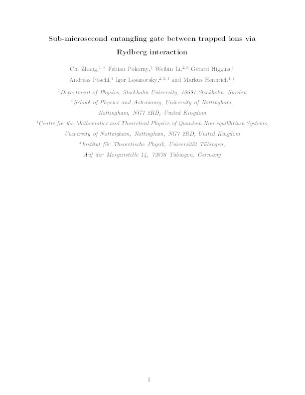 Submicrosecond entangling gate between trapped ions via Rydberg interaction Thumbnail