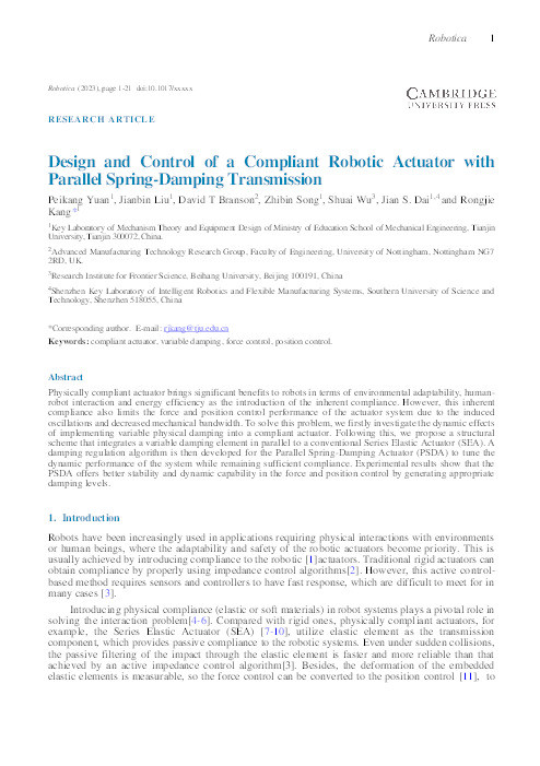 Design and control of a compliant robotic actuator with parallel spring-damping transmission Thumbnail