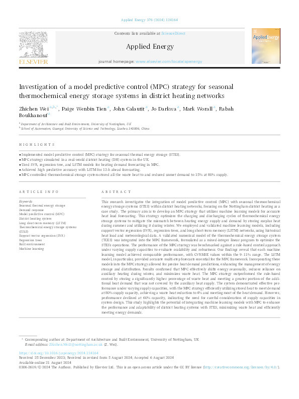 Investigation of model predictive control (MPC) strategy for seasonal thermochemical energy storage system in a district heating network Thumbnail