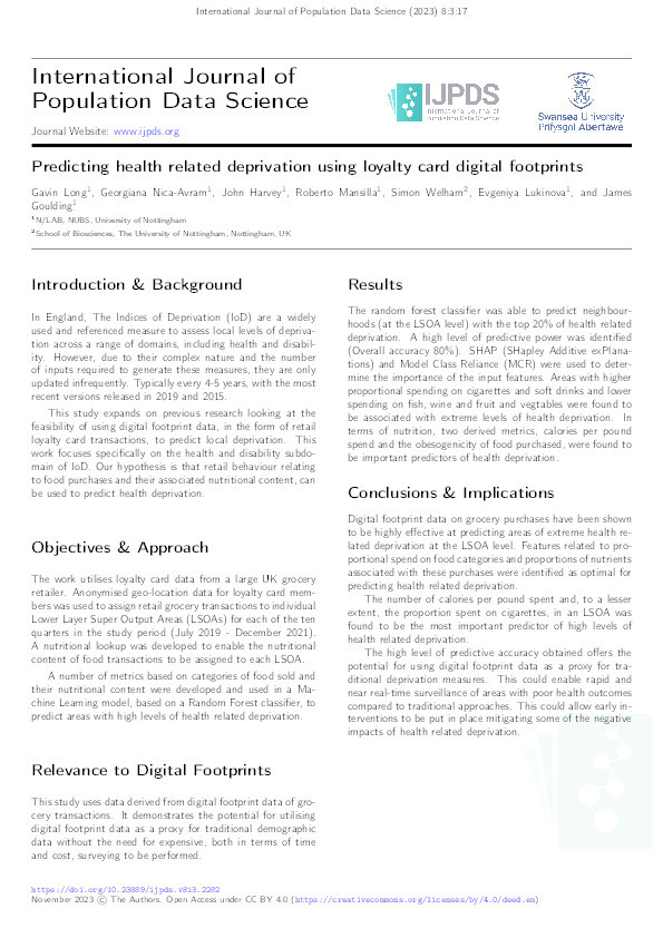 Predicting health related deprivation using loyalty card digital footprints Thumbnail