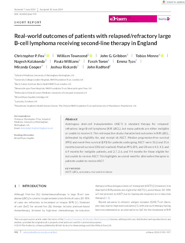 Real‐world outcomes of patients with relapsed/refractory large B‐cell lymphoma receiving second‐line therapy in England Thumbnail