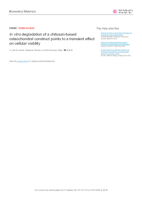 In vitro degradation of a chitosan-based osteochondral construct points to a transient effect on cellular viability Thumbnail