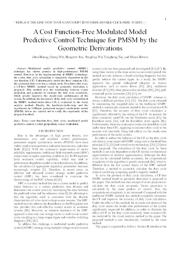 A Cost Function-Free Modulated Model Predictive Control Technique for PMSM by the Geometric Derivations Thumbnail