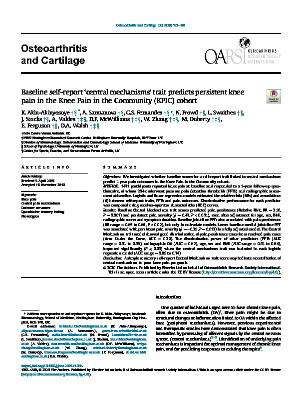 Baseline self-report ‘central mechanisms’ trait predicts persistent knee pain in the Knee Pain in the Community (KPIC) cohort Thumbnail
