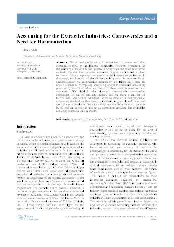 Accounting for the Extractive Industries: Controversies and a Need for Harmonisation Thumbnail