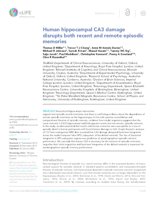 Human hippocampal CA3 damage disrupts both recent and remote episodic memories Thumbnail