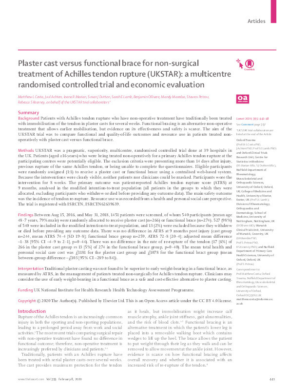 Plaster cast versus functional brace for non-surgical treatment of Achilles tendon rupture (UKSTAR): a multicentre randomised controlled trial and economic evaluation Thumbnail