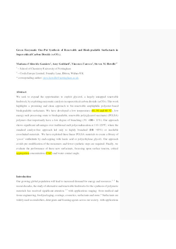 Enzymatic One-Pot Synthesis of Renewable and Biodegradable Surfactants in Supercritical Carbon Dioxide (scCO2) Thumbnail