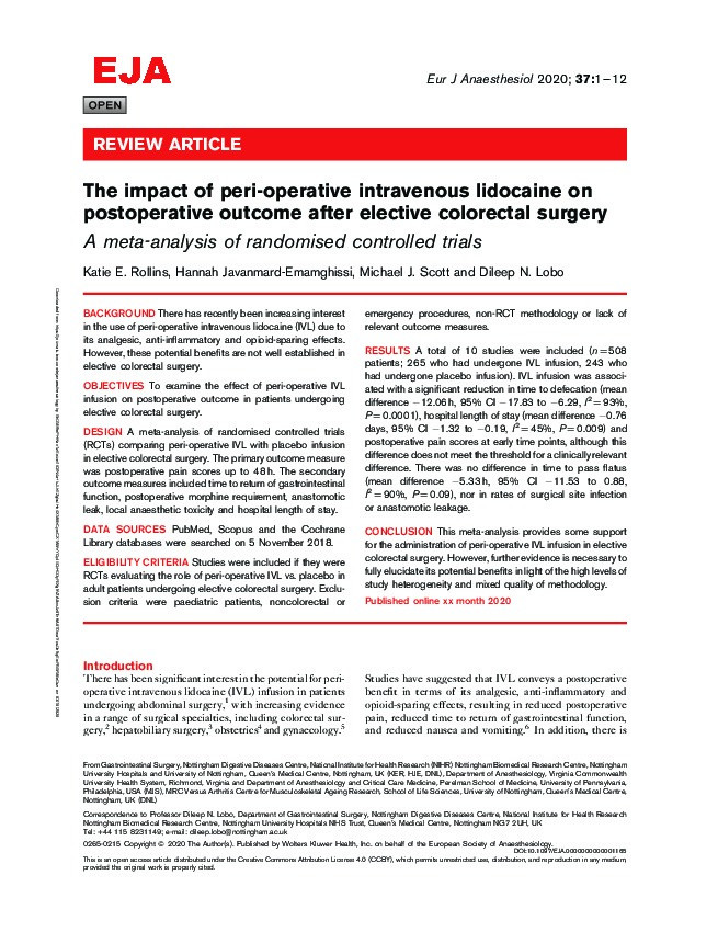 The impact of peri-operative intravenous lidocaine on postoperative outcome after elective colorectal surgery: A meta-analysis of randomised controlled trials Thumbnail