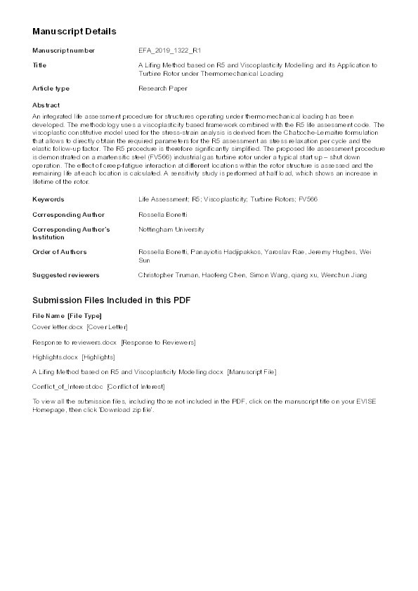 A lifing method based on R5 and viscoplasticity modelling and its application to turbine rotor under thermomechanical loading Thumbnail