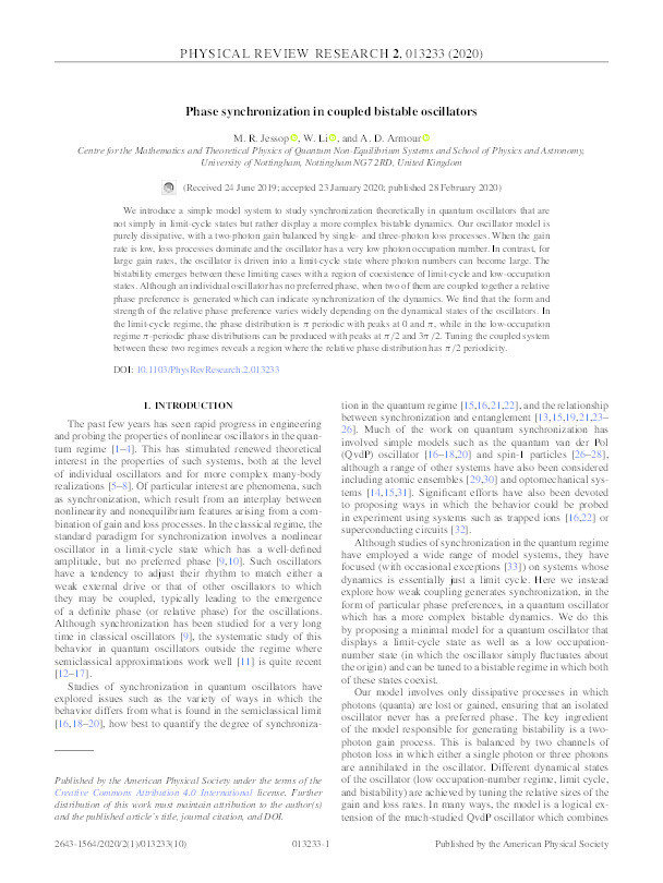 Phase synchronization in coupled bistable oscillators Thumbnail