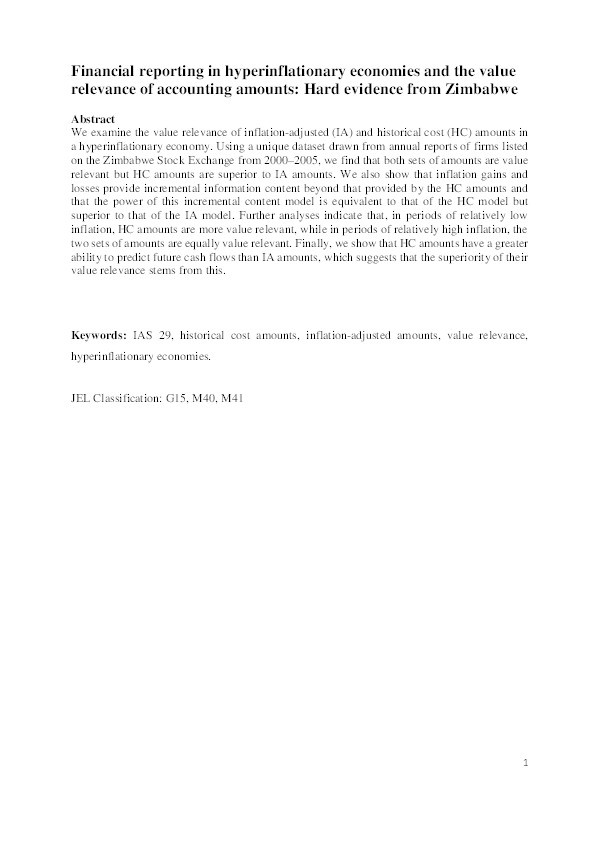 Financial reporting in hyperinflationary economies and the value relevance of accounting amounts: hard evidence from Zimbabwe Thumbnail