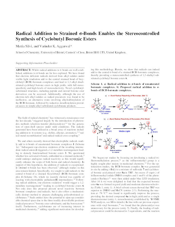 Radical Addition to Strained σ-Bonds Enables the Stereocontrolled Synthesis of Cyclobutyl Boronic Esters Thumbnail