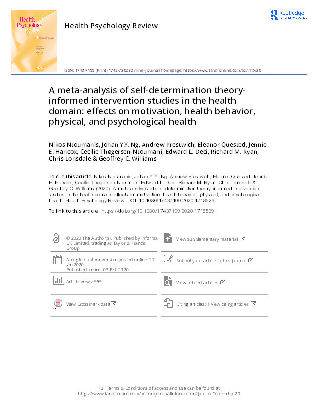A meta-analysis of self-determination theory-informed intervention studies in the health domain: effects on motivation, health behavior, physical, and psychological health Thumbnail