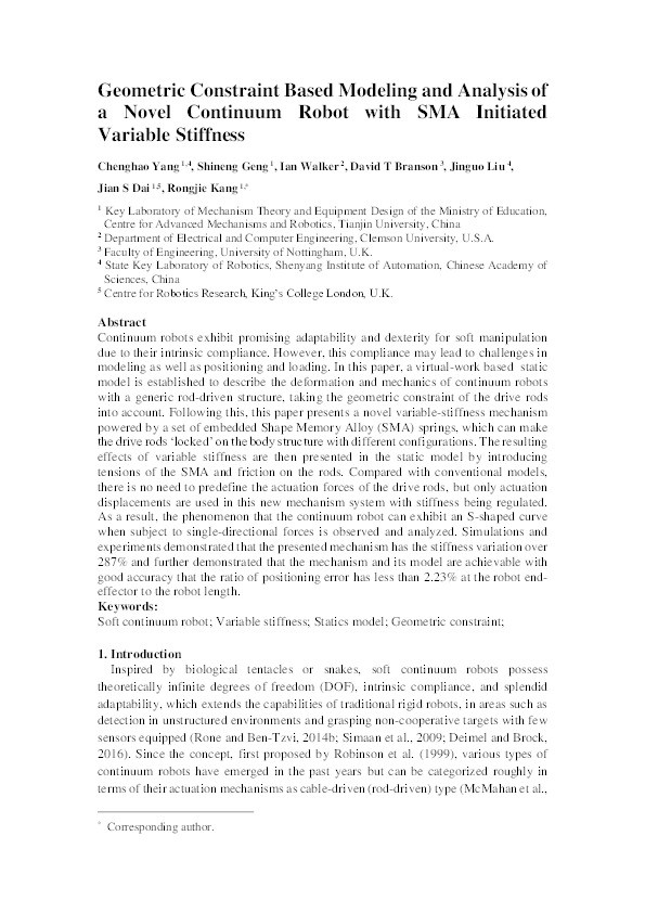 Geometric constraint-based modeling and analysis of a novel continuum robot with Shape Memory Alloy initiated variable stiffness Thumbnail