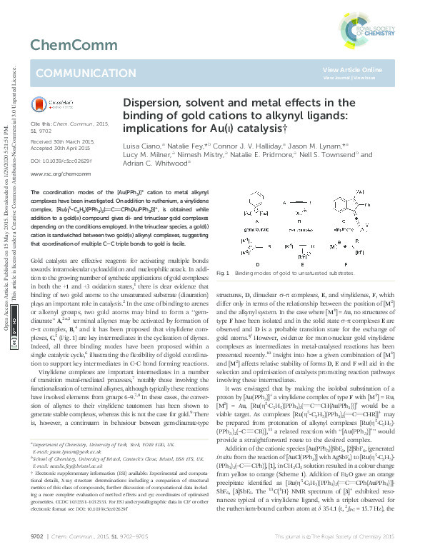 Dispersion, solvent and metal effects in the binding of gold cations to alkynyl ligands: implications for Au(i) catalysis Thumbnail