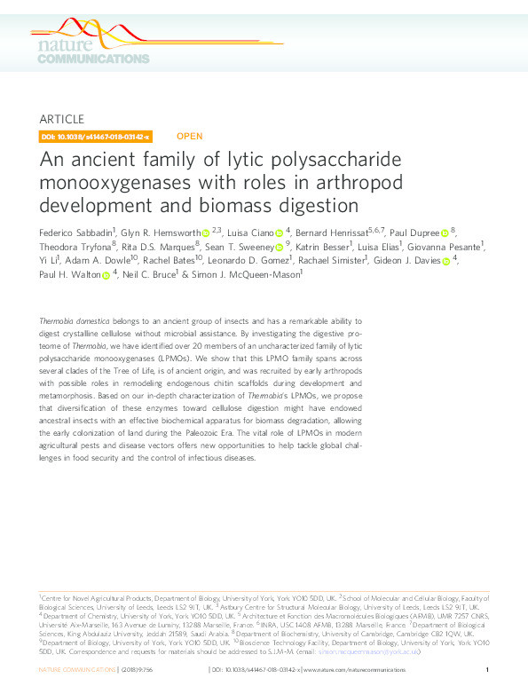 An ancient family of lytic polysaccharide monooxygenases with roles in arthropod development and biomass digestion Thumbnail