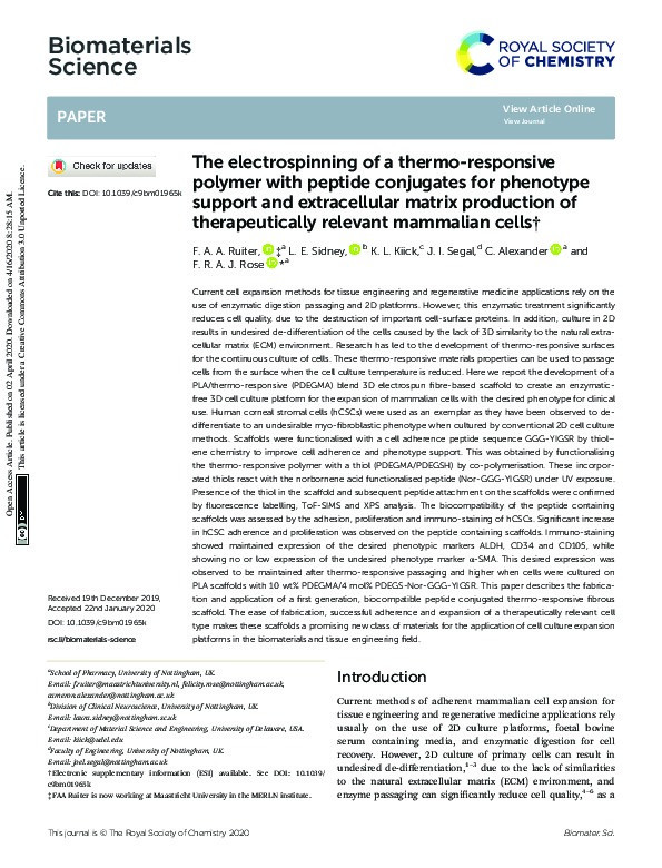 The electrospinning of a thermo-responsive polymer with peptide conjugates for phenotype support and extracellular matrix production of therapeutically relevant mammalian cells Thumbnail