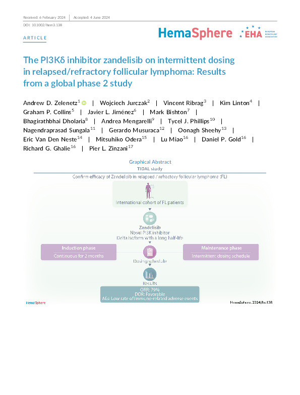 The PI3Kδ inhibitor zandelisib on intermittent dosing in relapsed/refractory follicular lymphoma: Results from a global phase 2 study Thumbnail